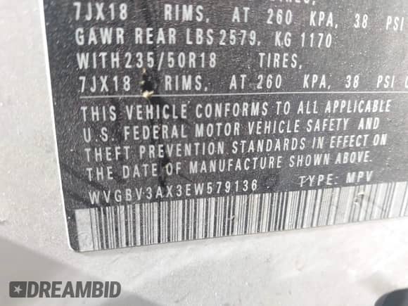 2014 Volkswagen Tiguan S с VIN WVGBV3AX3EW579136, выставлен на аукционе IAAI как лот 43344861 с пробегом 103 080 миль миль и . История ставок и продаж доступна на DreamBid. Изображение 9.