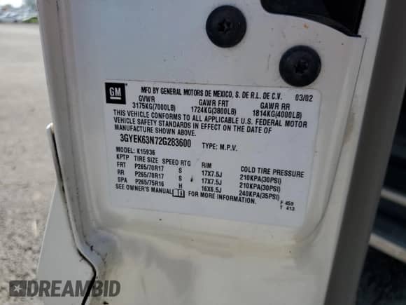 2002 Cadillac Escalade EXT with VIN 3GYEK63N72G283600, listed as a Copart auction lot 65965045 with 106,848 mi miles and Salvage title. Bid and sale history available at DreamBid. Image 12.