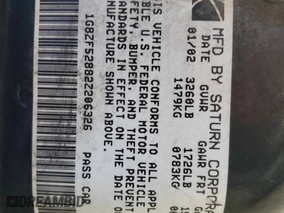 2002 Saturn SL with VIN 1G8ZF52882Z206326, listed as a Copart auction lot 77197844 with 105,810 mi miles and Salvage title. Bid and sale history available at DreamBid. Image 12.