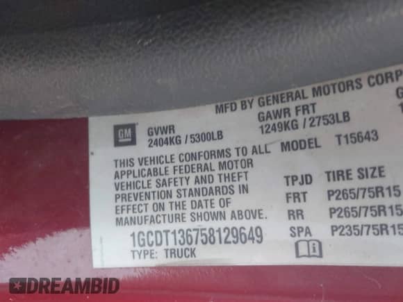 2005 Chevrolet Colorado 1SE LS Z71 with VIN 1GCDT136758129649, listed as a IAAI auction lot 42938129 with 125,780 mi miles and . Bid and sale history available at DreamBid. Image 9.