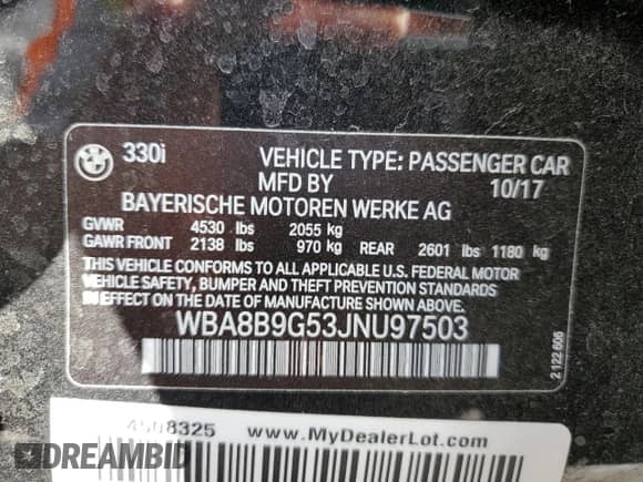 2018 BMW 3 Series 330i with VIN WBA8B9G53JNU97503, listed as a Copart auction lot 80083495 with 26,212 mi miles and Salvage title. Bid and sale history available at DreamBid. Image 12.