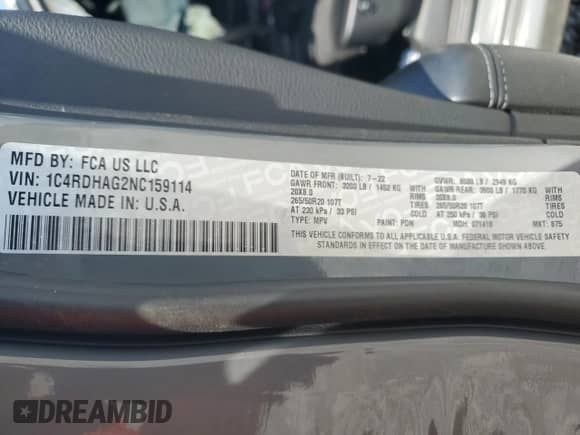 2022 Dodge Durango SXT with VIN 1C4RDHAG2NC159114, listed as a Copart auction lot 52674985 with 63,757 mi miles and Salvage title. Bid and sale history available at DreamBid. Image 14.