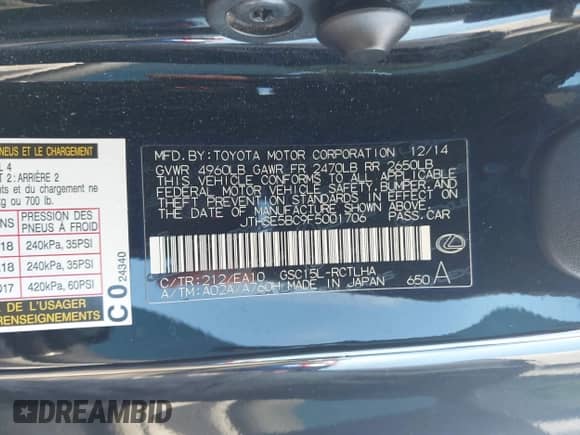 2015 Lexus RC 350 F Sport with VIN JTHSE5BC9F5001706, listed as a IAAI auction lot 43344575 with 67,019 mi miles and . Bid and sale history available at DreamBid. Image 9.