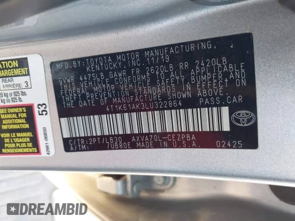 2020 Toyota Camry XSE z VIN 4T1K61AK3LU322864, wystawiony jako IAAI lot #43384409 z przebiegiem 89 916 mil mil oraz . Historia ofert i sprzedaży dostępna na DreamBid. Obrazek 9.