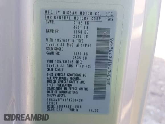 2015 Chevrolet City Express Cargo LS with VIN 3N63M0YN1FK736428, listed as a IAAI auction lot 41568352 with 176,872 mi miles and . Bid and sale history available at DreamBid. Image 9.