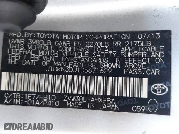 2013 Toyota Prius Three z VIN JTDKN3DU1D5671629, wystawiony jako IAAI lot #43402034 z przebiegiem 127 354 mil mil oraz . Historia ofert i sprzedaży dostępna na DreamBid. Obrazek 9.