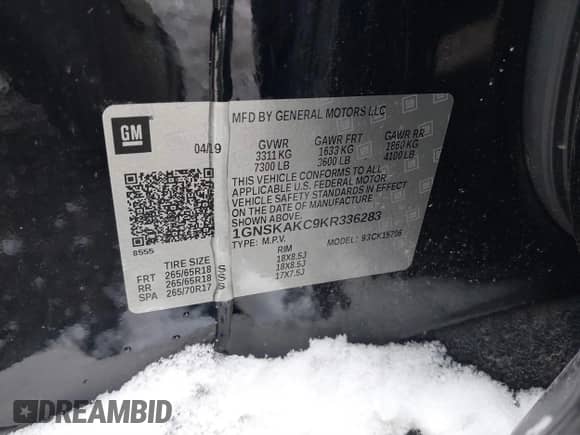 2019 Chevrolet Tahoe LS with VIN 1GNSKAKC9KR336283, listed as a IAAI auction lot 41280975 with 85,682 mi miles and . Bid and sale history available at DreamBid. Image 9.