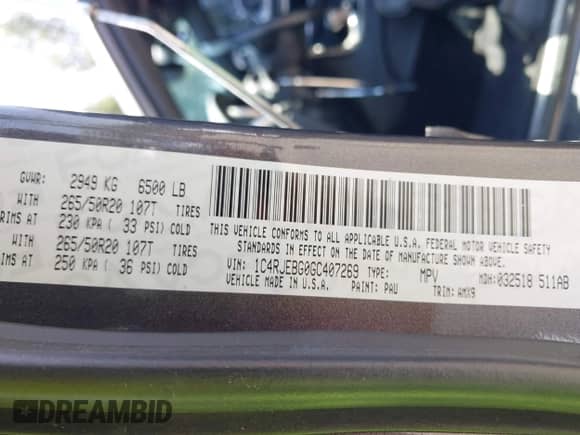 2016 Jeep Grand Cherokee Limited with VIN 1C4RJEBG0GC407269, listed as a IAAI auction lot 42570976 with 77,130 mi miles and . Bid and sale history available at DreamBid. Image 9.