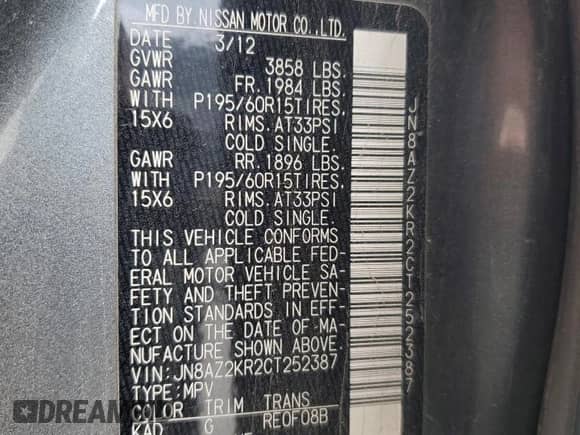 2012 Nissan Cube SL с VIN JN8AZ2KR2CT252387, выставлен на аукционе Copart как лот 55864905 с пробегом Не указан миль и Списание • Salvage title. История ставок и продаж доступна на DreamBid. Изображение 12.