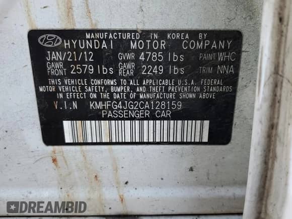 2012 Hyundai Azera with VIN KMHFG4JG2CA128159, listed as a Copart auction lot 74628583 with Not provided miles and Salvage title. Bid and sale history available at DreamBid. Image 13.