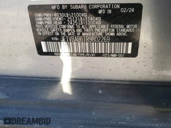 2024 Subaru WRX with VIN JF1VBAB61R9802269, listed as a Copart auction lot 85929115 with 15,513 mi miles and Salvage title. Bid and sale history available at DreamBid. Image 12.