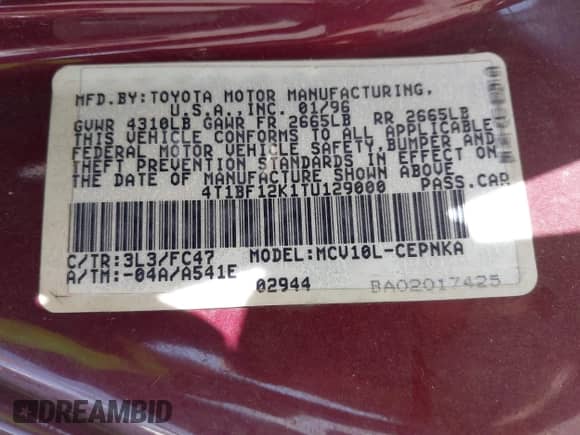 1996 Toyota Camry LE z VIN 4T1BF12K1TU129000, wystawiony jako IAAI lot #42294535 z przebiegiem 157 851 mil mil oraz . Historia ofert i sprzedaży dostępna na DreamBid. Obrazek 9.