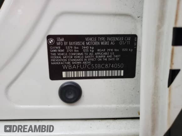 2011 BMW 5 Series 535i xDrive with VIN WBAFU7C53BC874050, listed as a Copart auction lot 90452815 with Not provided miles and Clean title. Bid and sale history available at DreamBid. Image 12.