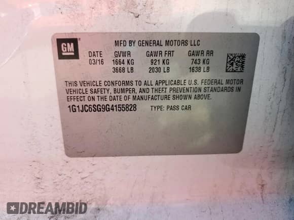 2016 Chevrolet Sonic LT with VIN 1G1JC6SG9G4155828, listed as a Copart auction lot 81158495 with 81,883 mi miles and Salvage title. Bid and sale history available at DreamBid. Image 12.