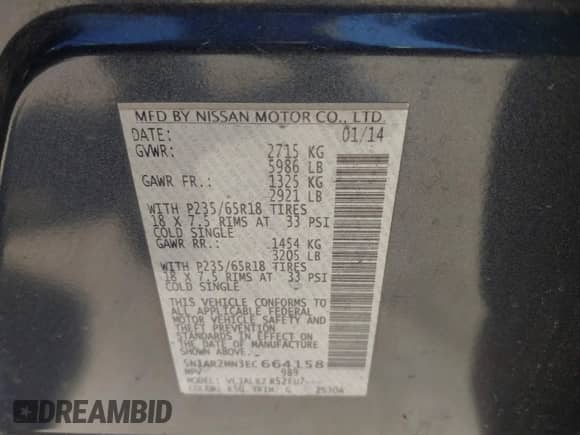 2014 Nissan Pathfinder S with VIN 5N1AR2MN3EC664158, listed as a IAAI auction lot 42239865 with 163,542 mi miles and . Bid and sale history available at DreamBid. Image 9.