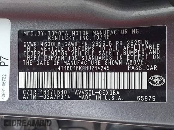 2017 Toyota Camry Hybrid LE с VIN 4T1BD1FK8HU214245, выставлен на аукционе IAAI как лот 42499318 с пробегом 109 507 миль миль и . История ставок и продаж доступна на DreamBid. Изображение 9.