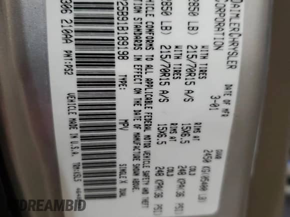 2001 Dodge Caravan SE с VIN 1B4GP25B91B189198, выставлен на аукционе Copart как лот 80727184 с пробегом 61 836 миль миль и Списание • Salvage title. История ставок и продаж доступна на DreamBid. Изображение 13.