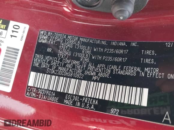 2017 Toyota Sienna LE Auto Access Seat with VIN 5TDKZ3DC0HS810922, listed as a IAAI auction lot 42726470 with 249,523 mi miles and . Bid and sale history available at DreamBid. Image 9.