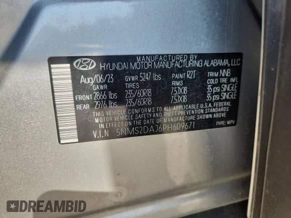 2023 Hyundai Santa Fe SEL с VIN 5NMS2DAJ6PH609671, выставлен на аукционе Copart как лот 85353505 с пробегом 43 723 миль миль и На запчасти • Non repairable. История ставок и продаж доступна на DreamBid. Изображение 12.