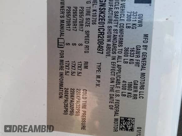 2012 Chevrolet Tahoe Commercial with VIN 1GNSK2E01CR208497, listed as a Copart auction lot 48228785 with 161,616 mi miles and Clean title. Bid and sale history available at DreamBid. Image 13.