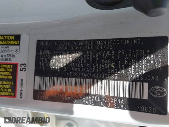 2022 Toyota Camry Hybrid XSE с VIN 4T1K31AK4NU039885, выставлен на аукционе IAAI как лот 42701525 с пробегом 31 018 миль миль и . История ставок и продаж доступна на DreamBid. Изображение 9.