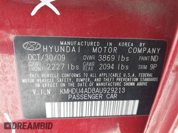 2010 Hyundai Elantra SE with VIN KMHDU4AD8AU929213, listed as a IAAI auction lot 40732467 with 116,021 mi miles and . Bid and sale history available at DreamBid. Image 9.