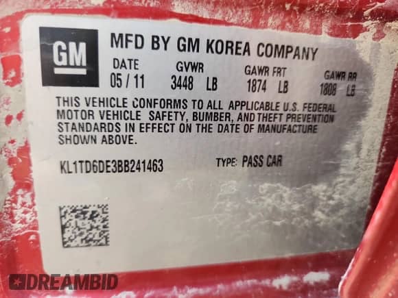2011 Chevrolet Aveo 1LT с VIN KL1TD6DE3BB241463, выставлен на аукционе Copart как лот 62112825 с пробегом 113 388 миль миль и Списание • Salvage title. История ставок и продаж доступна на DreamBid. Изображение 12.