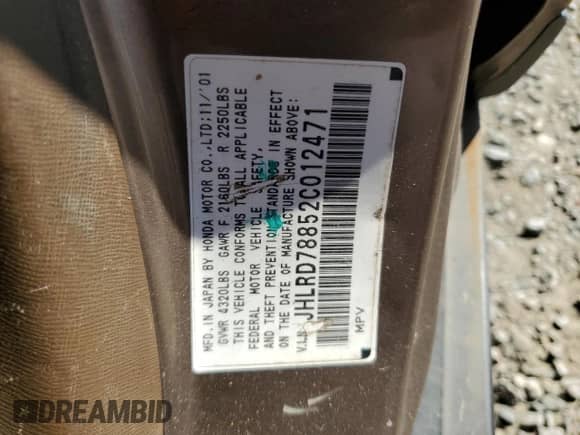 2002 Honda CR-V EX with VIN JHLRD78852C012471, listed as a Copart auction lot 86453825 with 185,236 mi miles and Salvage title. Bid and sale history available at DreamBid. Image 13.