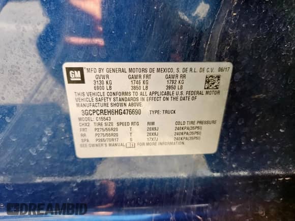 2017 Chevrolet Silverado 1500 LT with VIN 3GCPCREH6HG476690, listed as a Copart auction lot 71900625 with Not provided miles and Salvage title. Bid and sale history available at DreamBid. Image 12.