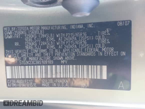 2008 Toyota Sienna CE с VIN 5TDZK23C38S109189, выставлен на аукционе IAAI как лот 43352406 с пробегом 248 908 миль миль и . История ставок и продаж доступна на DreamBid. Изображение 9.