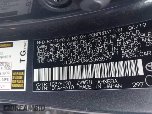 2019 Toyota Prius L Eco с VIN JTDKARFU8K3093579, выставлен на аукционе IAAI как лот 42502932 с пробегом 60 558 миль миль и . История ставок и продаж доступна на DreamBid. Изображение 9.