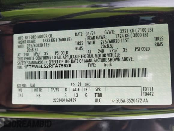 2024 Ford F-150 Lariat z VIN 1FTFW5L52RFA75628, wystawiony jako IAAI lot #43393183 z przebiegiem 15 578 mil mil oraz . Historia ofert i sprzedaży dostępna na DreamBid. Obrazek 9.