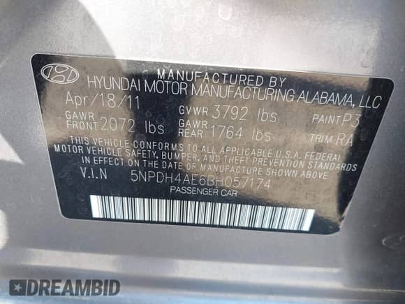 2011 Hyundai Elantra GLS with VIN 5NPDH4AE6BH057174, listed as a IAAI auction lot 43248834 with 117,416 mi miles and . Bid and sale history available at DreamBid. Image 9.