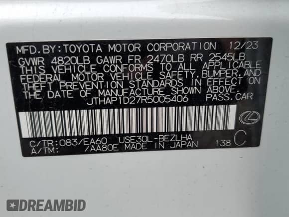 2024 Lexus IS 500 F Sport Performance z VIN JTHAP1D27R5005406, wystawiony jako Copart lot #61624155 z przebiegiem 8 936 mil mil oraz Szkoda całkowita • Salvage title. Historia ofert i sprzedaży dostępna na DreamBid. Obrazek 12.