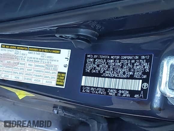 2012 Toyota Prius Advanced with VIN JTDKN3DP8C3026819, listed as a IAAI auction lot 41742743 with 178,000 mi miles and . Bid and sale history available at DreamBid. Image 9.