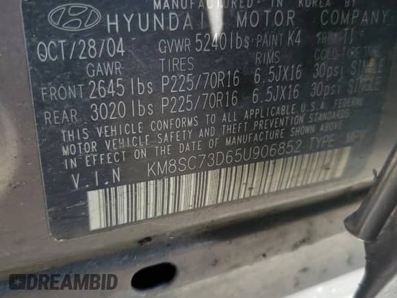 2005 Hyundai Santa Fe GLS with VIN KM8SC73D65U906852, listed as a Copart auction lot 81084895 with 123,279 mi miles and Salvage title. Bid and sale history available at DreamBid. Image 13.