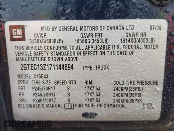 2007 GMC Sierra 1500 SLE1 with VIN 2GTEC13Z171144894, listed as a Copart auction lot 84875474 with 262,670 mi miles and Clean title. Bid and sale history available at DreamBid. Image 13.