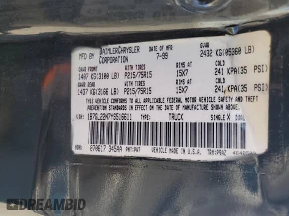 2000 Dodge Dakota Sport with VIN 1B7GL22N7YS516611, listed as a Copart auction lot 82144175 with 173,588 mi miles and Salvage title. Bid and sale history available at DreamBid. Image 12.