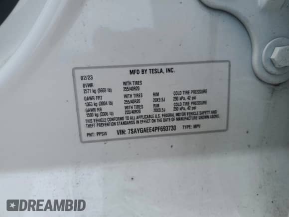 2023 Tesla Model Y Long Range с VIN 7SAYGAEE4PF693730, выставлен на аукционе Copart как лот 81366555 с пробегом 37 187 миль миль и Списание • Salvage title. История ставок и продаж доступна на DreamBid. Изображение 13.