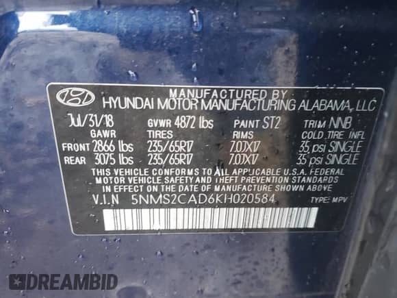 2019 Hyundai Santa Fe SE с VIN 5NMS2CAD6KH020584, выставлен на аукционе Copart как лот 66609482 с пробегом 73 652 миль миль и . История ставок и продаж доступна на DreamBid. Изображение 10.