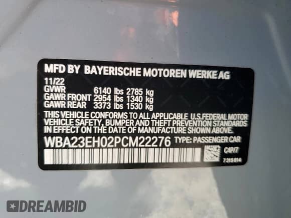 2023 BMW 7 Series 740i с VIN WBA23EH02PCM22276, выставлен на аукционе Copart как лот 66415705 с пробегом 72 816 миль миль и Списание • Salvage title. История ставок и продаж доступна на DreamBid. Изображение 12.