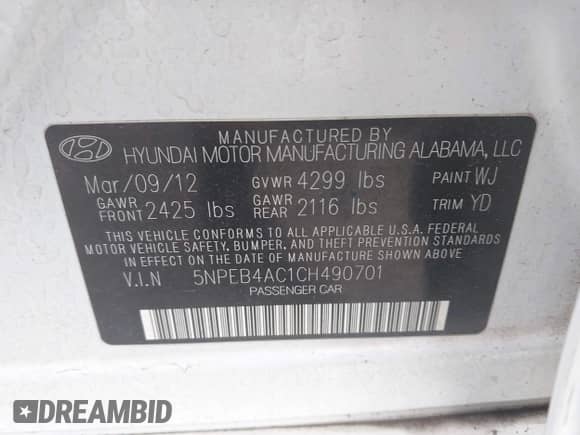 2012 Hyundai Sonata GLS z VIN 5NPEB4AC1CH490701, wystawiony jako IAAI lot #42879419 z przebiegiem 133 649 mil mil oraz . Historia ofert i sprzedaży dostępna na DreamBid. Obrazek 9.