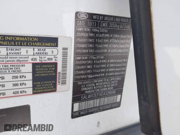 2014 Land Rover Range Rover Sport Supercharged with VIN SALWR2EFXEA326696, listed as a IAAI auction lot 42837548 with 118,439 mi miles and . Bid and sale history available at DreamBid. Image 9.