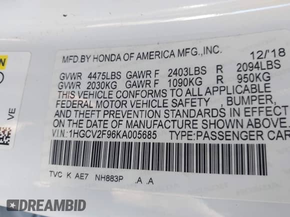 2019 Honda Accord Touring с VIN 1HGCV2F96KA005685, выставлен на аукционе IAAI как лот 43400468 с пробегом Не указан миль и . История ставок и продаж доступна на DreamBid. Изображение 9.