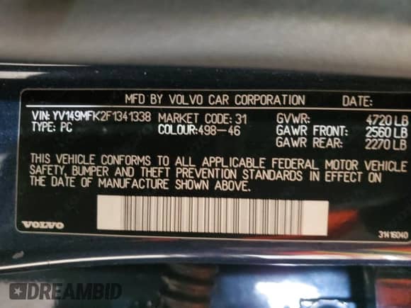 2015 Volvo S60 T6 Drive-E with VIN YV149MFK2F1341338, listed as a Copart auction lot 46083085 with 97,766 mi miles and Salvage title. Bid and sale history available at DreamBid. Image 14.