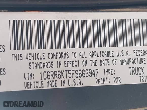 2015 Ram 1500 Express with VIN 1C6RR6KT5FS663947, listed as a IAAI auction lot 42578960 with 184,747 mi miles and . Bid and sale history available at DreamBid. Image 9.