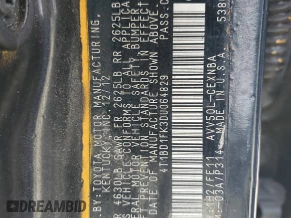 2013 Toyota Camry XLE with VIN 4T1BD1FK3DU064829, listed as a Copart auction lot 81684765 with Not provided miles and Clean title. Bid and sale history available at DreamBid. Image 12.