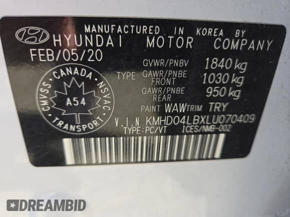 2020 Hyundai Elantra Sport z VIN KMHD04LBXLU070409, wystawiony jako Copart lot #69004755 z przebiegiem 160 828 mil mil oraz Szkoda całkowita • Salvage title. Historia ofert i sprzedaży dostępna na DreamBid. Obrazek 12.