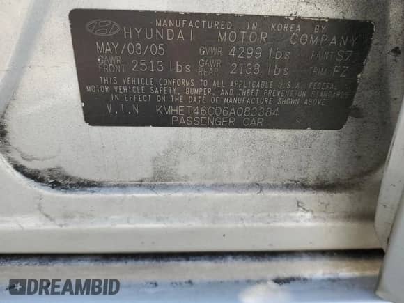 2006 Hyundai Sonata GL z VIN KMHET46C06A083384, wystawiony jako Copart lot #71842745 z przebiegiem 211 204 mil mil oraz Szkoda całkowita • Salvage title. Historia ofert i sprzedaży dostępna na DreamBid. Obrazek 12.