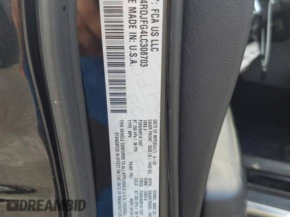 2020 Dodge Durango Pursuit with VIN 1C4RDJFG4LC308703, listed as a Copart auction lot 60119395 with Not provided miles and Salvage title. Bid and sale history available at DreamBid. Image 13.